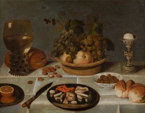 Natura morta con roemer e cesto di frutta sul tavolo da Unbekannt Unbekannt